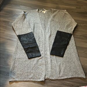 Cato Gray Cardigan with Black Leather Sleeves